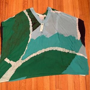 Chico's  Kaftan Poncho Size S/M Small Medium Pullover Tie Dye Green V neck BOHO#